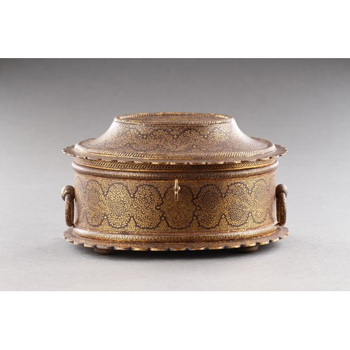 Indian Rajasthan Iron Casket Decorated with Gold Damascene with Foliate and Tendril Designs in the Koftgari Technique of Oval Form